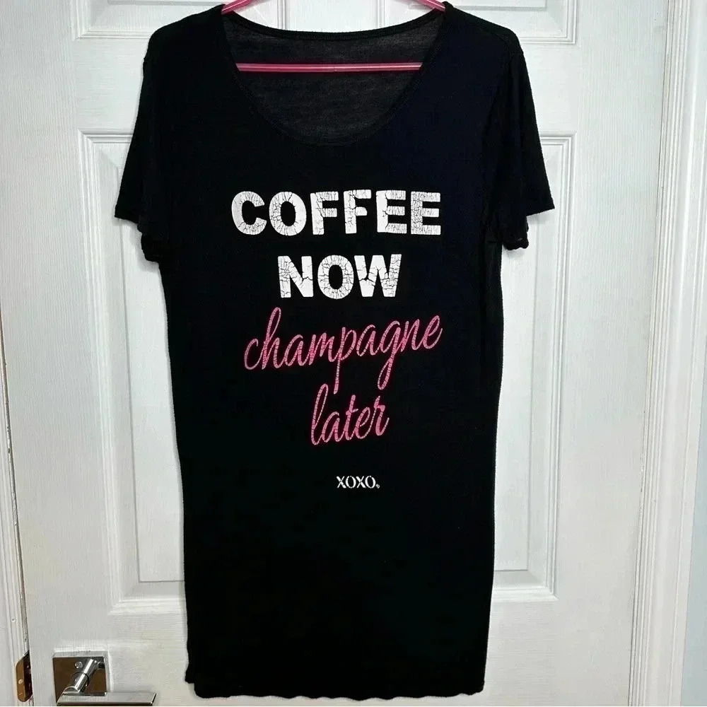 XOXO Coffee Now Champagne Later T-Shirt Black/White/Pink Size Medium